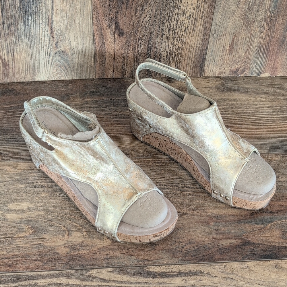 Pierre Dumas Cork Wedge Metallic Gold Slingback Sandals 10M         AB111